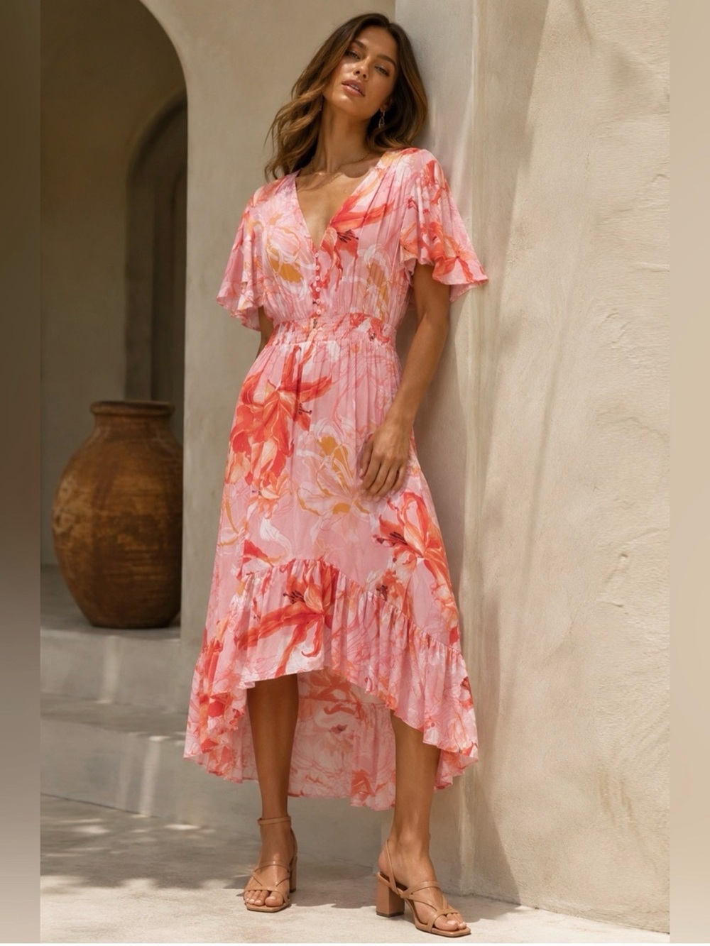 Abel the Label Floral Hi Low Maxi Dress Pink Orange Boho Resort Medium
